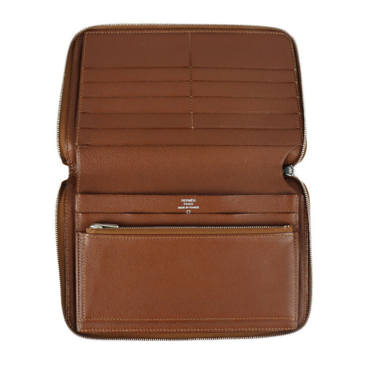 美品 HERMES エルメス アザップ コンバイン 二つ折り財布 - アリゲーター ブラウン系 シルバー金具 ラウンドファスナー 長財布 □Q刻印