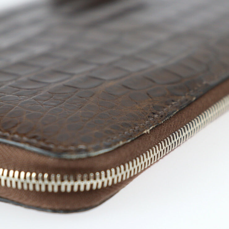 美品 HERMES エルメス アザップ コンバイン 二つ折り財布 アリゲーター ハバナ ダークブラウン系 シルバー金具 ラウンドファスナー 長財布 □M刻印