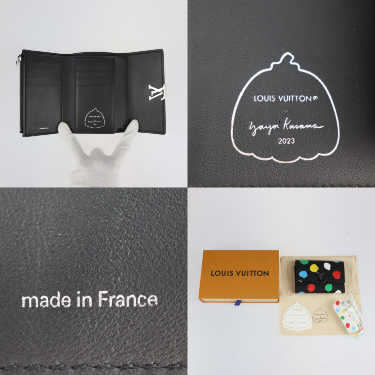 新古未使用展示品 LOUIS VUITTON ルイ ヴィトン ポルトフォイユ カプシーヌ LV × YK 草間彌生 コラボ 三つ折り財布 M81963 トリヨンレザー ブラック マルチカラー シルバー金具 2023年コレクション ビトン