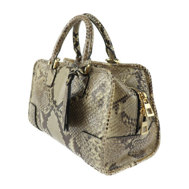 美品 LOEWE ロエベ アマソナ 28 ハンドバッグ - パイソン レザー ベージュ系 ゴールド金具 2WAY ショルダーバッグ ミニボストン エキゾチックレザー