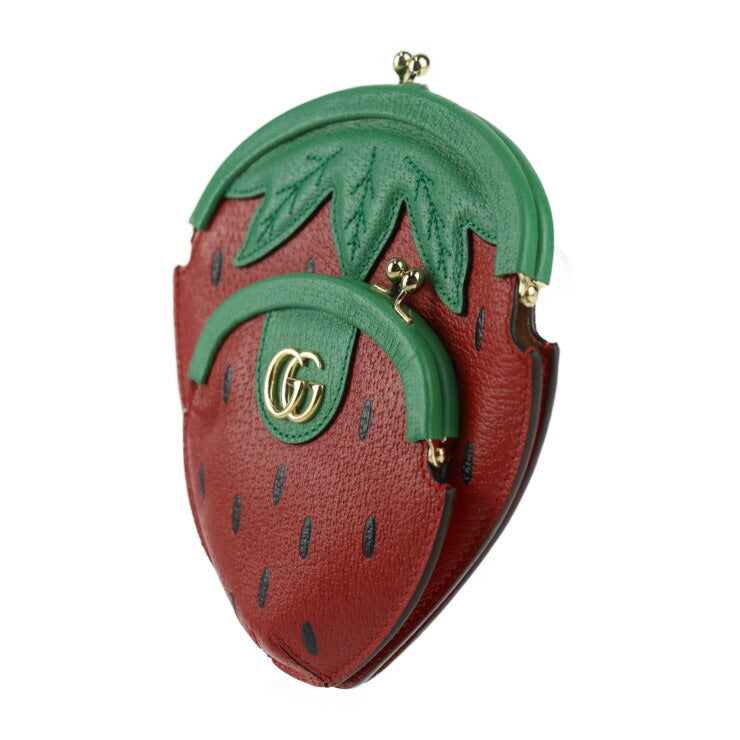 新品未使用展示品 GUCCI グッチ いちご型ポシェット フルティーニ ショルダーバッグ 719725 レザー レッド グリーン ゴールド金具 ストロベリー がま口 チェーンショルダー