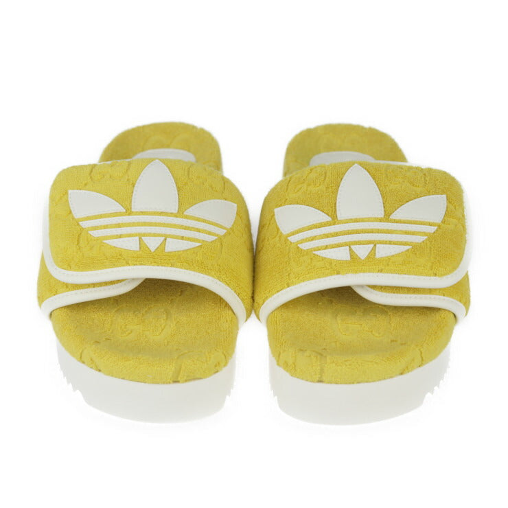 超美品 GUCCI グッチ プラットフォーム サンダル adidas コラボ サンダル 702412 表記サイズ 34 コットン レザー ラバー イエロー GG スライドサンダル 参考サイズ約21cm