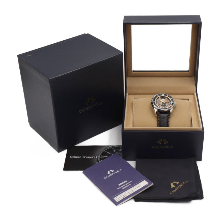 超美品 CITIZEN CAMPANOLA シチズン カンパノラ 千夜燈 ちよのとぼし メカニカル コレクション 腕時計 NZ0000-15F ステンレススチール クロコダイル シルバー ブラック 漆文字板 裏スケ 自動巻き