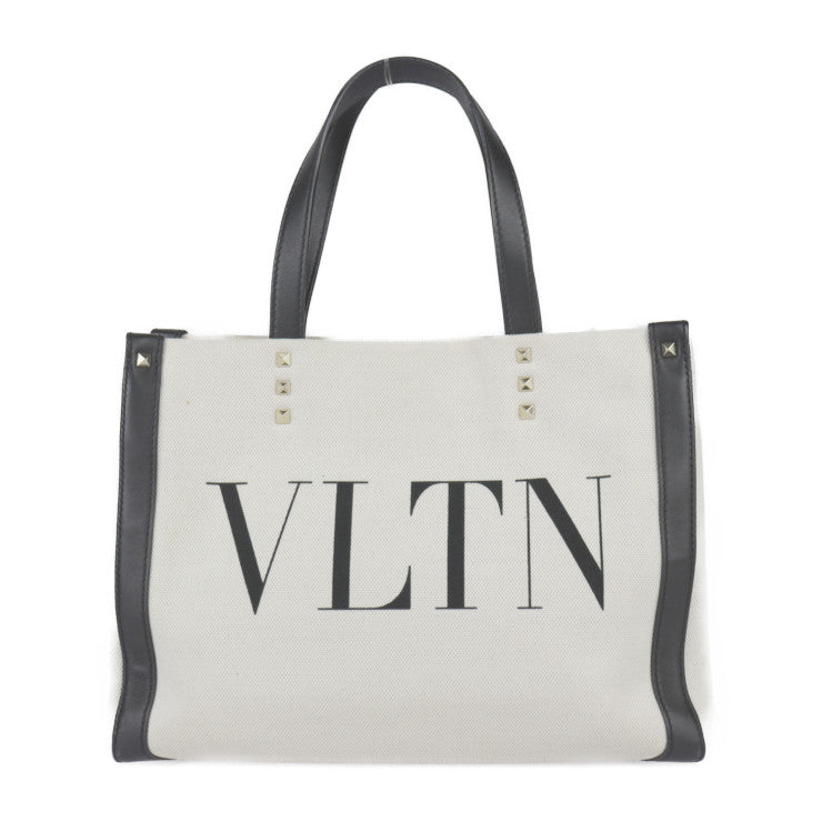 Valentino Garavani ヴァレンティノ ガラヴァーニ VLTN ミニ トート トートバッグ XW2B0H19 FWB EX9 キャンバス レザー ナチュラル ブラック スモールトート ハンドバッグ スタッズ ロゴプリント