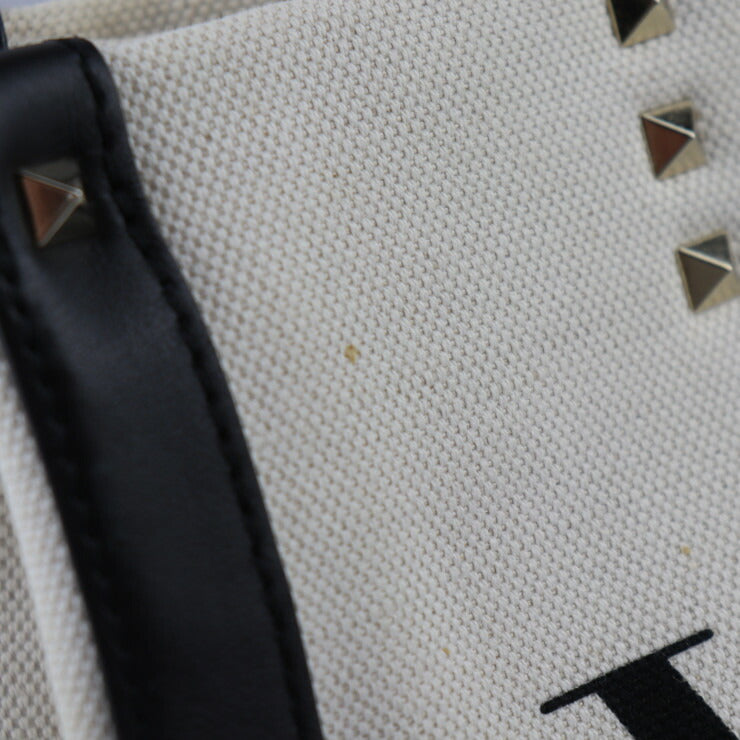 Valentino Garavani ヴァレンティノ ガラヴァーニ VLTN ミニ トート トートバッグ XW2B0H19 FWB EX9 キャンバス レザー ナチュラル ブラック スモールトート ハンドバッグ スタッズ ロゴプリント