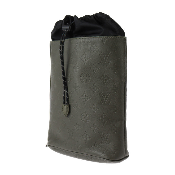 美品 LOUIS VUITTON ルイ ヴィトン チョークスリングバッグ モノグラムシャドウ ショルダーバッグ M44634 レザー カーキ ブラック クロスボディバッグ 巾着 ビトン