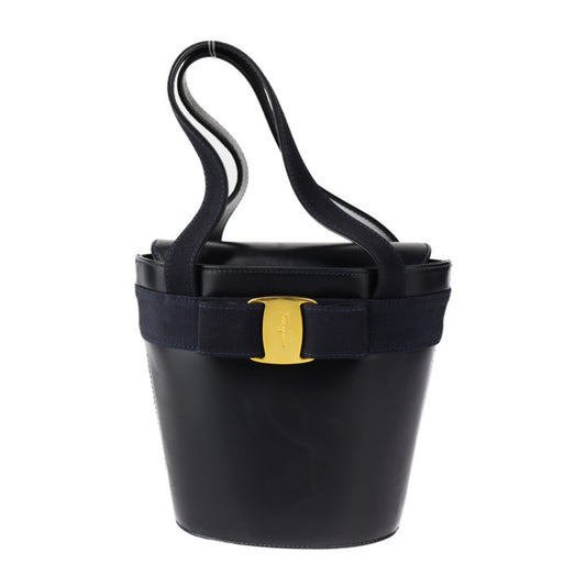 Salvatore Ferragamo サルヴァトーレ フェラガモ ヴァラ ハンドバッグ BA216161 カーフレザー ダークネイビー ゴールド金具 スモール バケツバッグ
