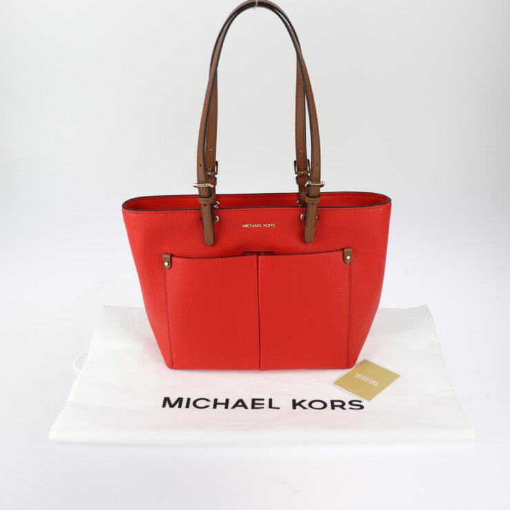 新品未使用展示品 Michael Kors マイケルコース ジェット セット トラベル ミディアム トートバッグ 35F3GTVT3V レザー レッド系 ブラウン系 ゴールド金具 ダブルポケット ショルダーバッグ