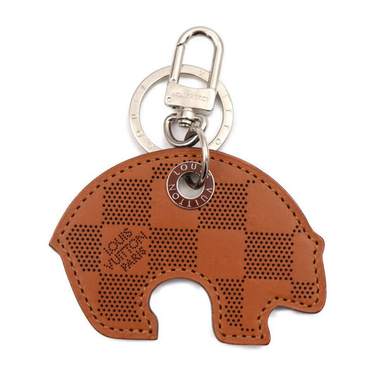美品 LOUIS VUITTON ルイ ヴィトン サマーメロディ ダミエ パンチング キーホルダー MP1320 カウハイドレザー ブラウン系 シルバー金具 キーリング バッグチャーム 熊 ベアー ビトン