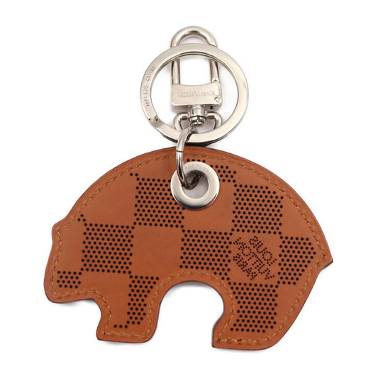 美品 LOUIS VUITTON ルイ ヴィトン サマーメロディ ダミエ パンチング キーホルダー MP1320 カウハイドレザー ブラウン系 シルバー金具 キーリング バッグチャーム 熊 ベアー ビトン