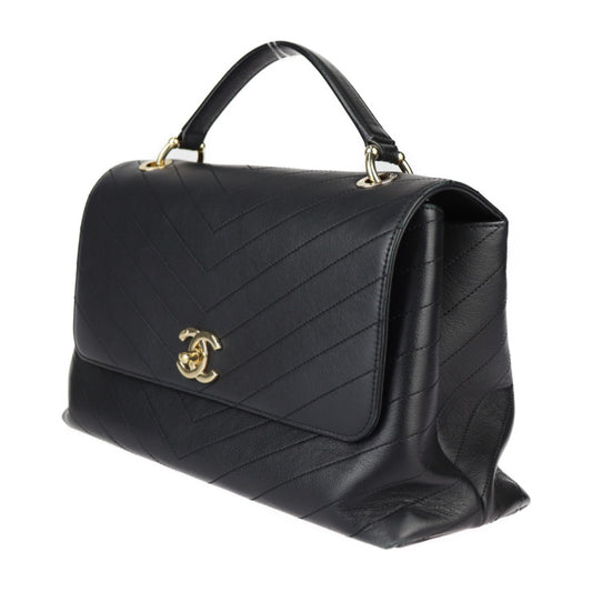 美品 CHANEL シャネル トップハンドル 2WAYバッグ シェブロン ハンドバッグ - カーフレザー ブラック ゴールド金具 Vステッチ ココマーク チェーン ショルダーバッグ ターンロック