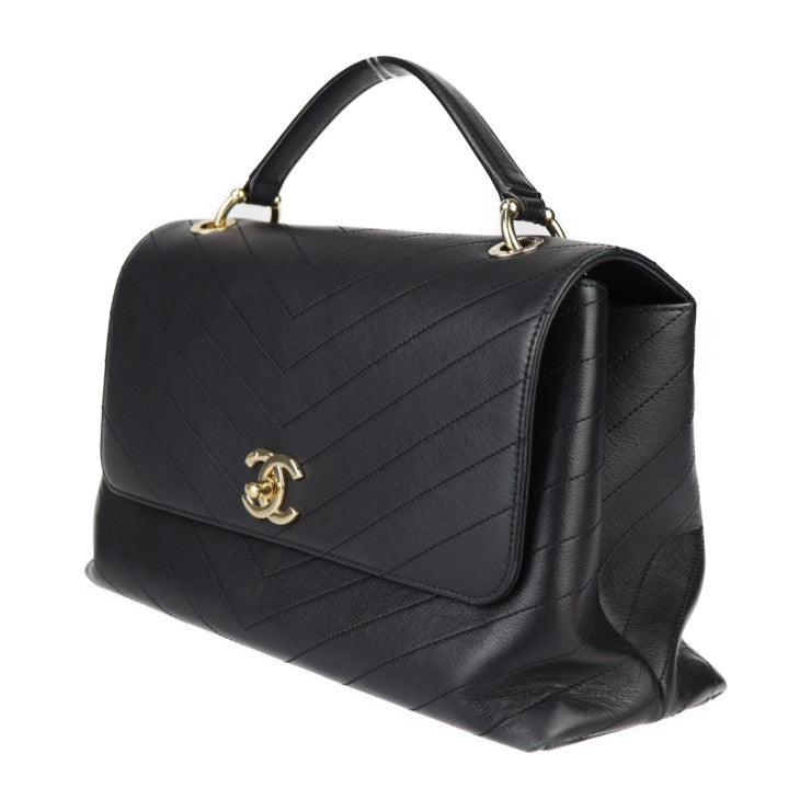 美品 CHANEL シャネル トップハンドル 2WAYバッグ シェブロン ハンドバッグ - カーフレザー ブラック ゴールド金具 Vステッチ ココマーク チェーン ショルダーバッグ ターンロック
