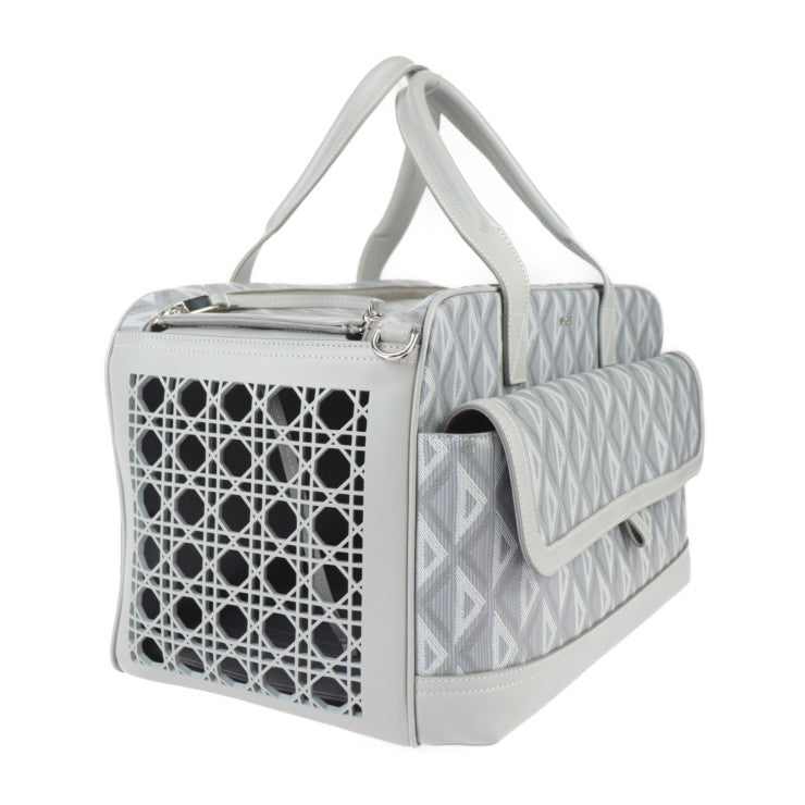 美品 Dior ディオール Hit The Road ペットキャリーバッグ CDダイアモンド ボストンバッグ 1ESDU035CDP_H42E PVC レザー グレー シルバー金具 ドッグキャリー 小型犬用バッグ 2WAY ショルダーバッグ