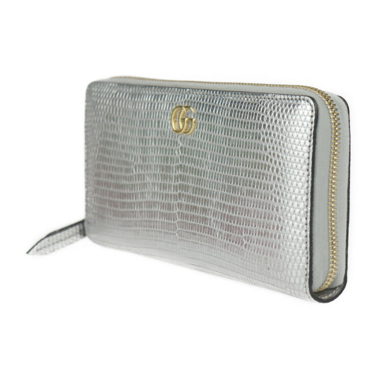 美品 GUCCI グッチ GGマーモント 長財布 456117 リザード シルバー ゴールド金具 ラウンドファスナー