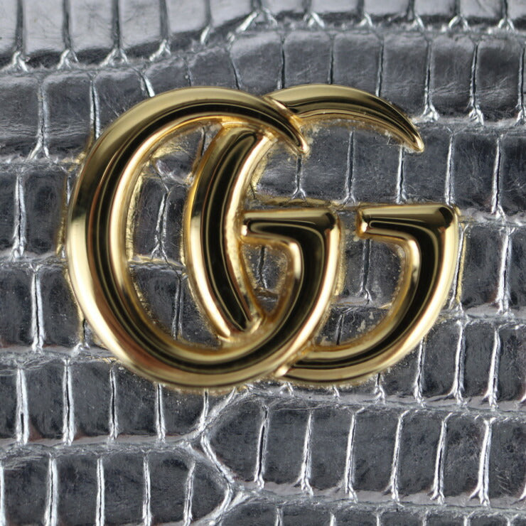 美品 GUCCI グッチ GGマーモント 長財布 456117 リザード シルバー ゴールド金具 ラウンドファスナー