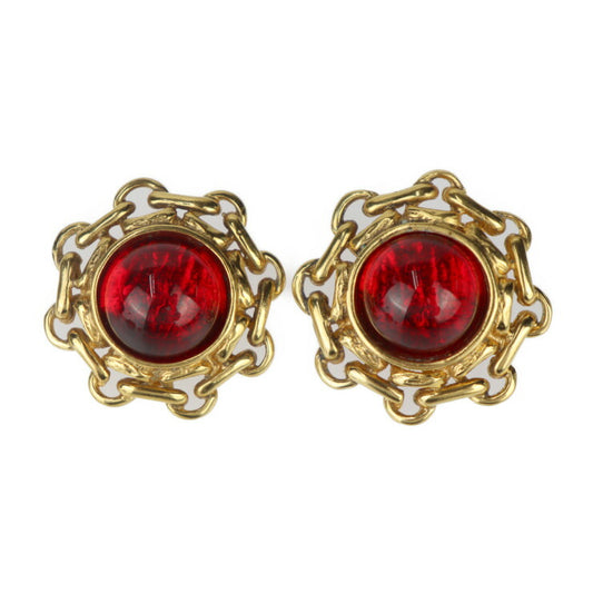 Beautiful CHANEL Gripoa Round Earrings - Metal Bijou Gold Red Earrings Clip-on Vintage