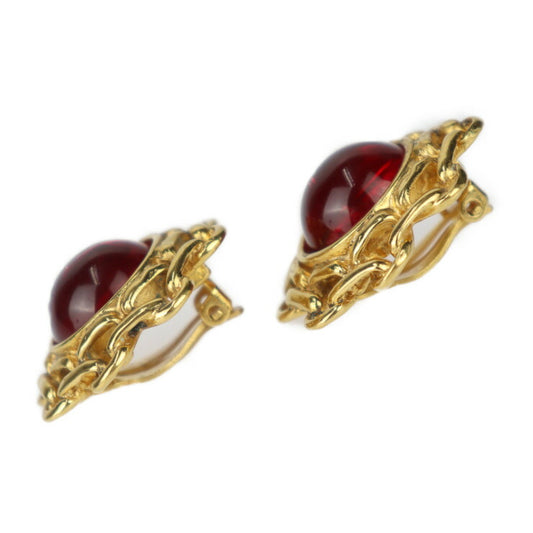 Beautiful CHANEL Gripoa Round Earrings - Metal Bijou Gold Red Earrings Clip-on Vintage