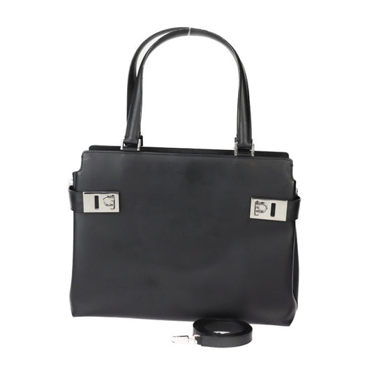 美品 Salvatore Ferragamo サルヴァトーレ フェラガモ ガンチーニ ハンドバッグ 21 0166 カーフレザー ブラック シルバー金具 2WAY ショルダーバッグ トートバッグ
