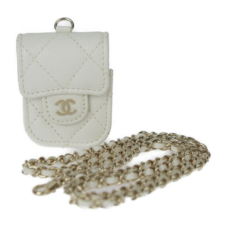 超美品 CHANEL シャネル Airpodsケース 第二世代専用 マトラッセ その他小物 AP1647 キャビアスキン ホワイト ゴールド金具 チェーン ネックストラップ イヤホンケース ホルダー ココマーク