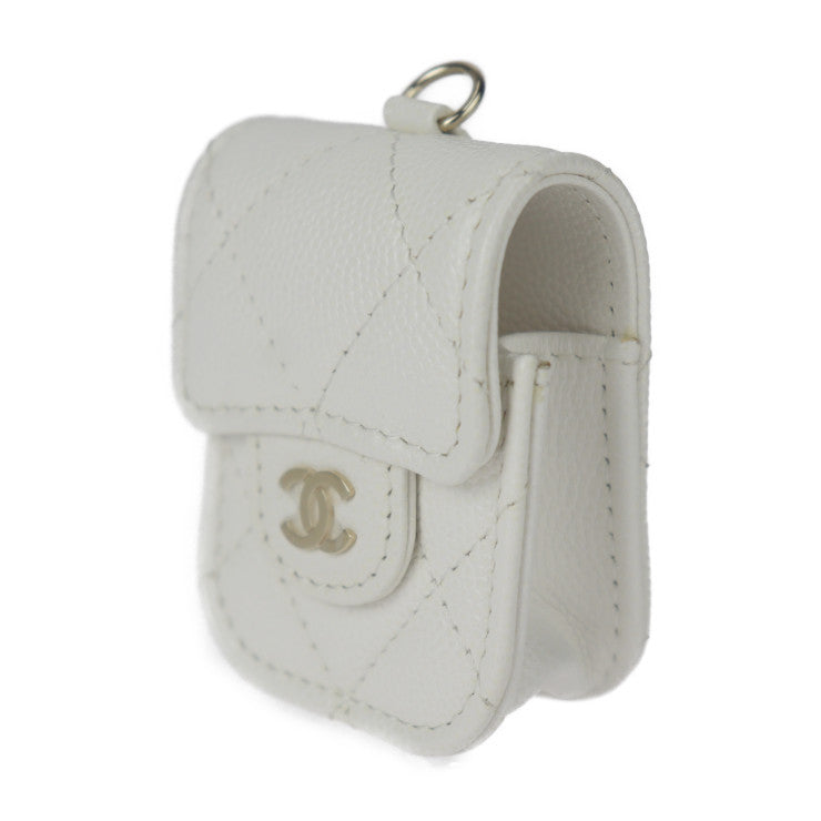超美品 CHANEL シャネル Airpodsケース 第二世代専用 マトラッセ その他小物 AP1647 キャビアスキン ホワイト ゴールド金具 チェーン ネックストラップ イヤホンケース ホルダー ココマーク