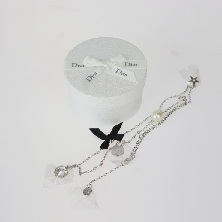 超美品 Christian Dior クリスチャンディオール ネックレス Dior Beauty ネックレス - メタル フェイクパール ビジュー シルバー ブラック リボン