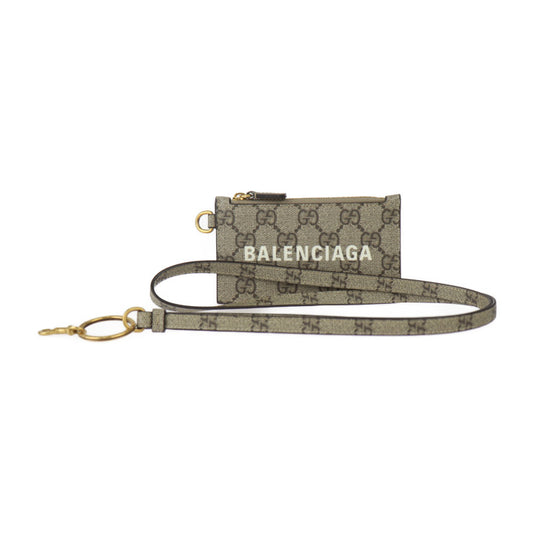 超美品 GUCCI グッチ BALENCIAGA バレンシアガ コラボ The Hacker Project ザ ハッカー プロジェクト カードケース 681706 GGスプリームキャンバス ベージュ ブラウン ゴールド金具 ネックストラップ付き フラグメントケース コインケース 小銭入れ