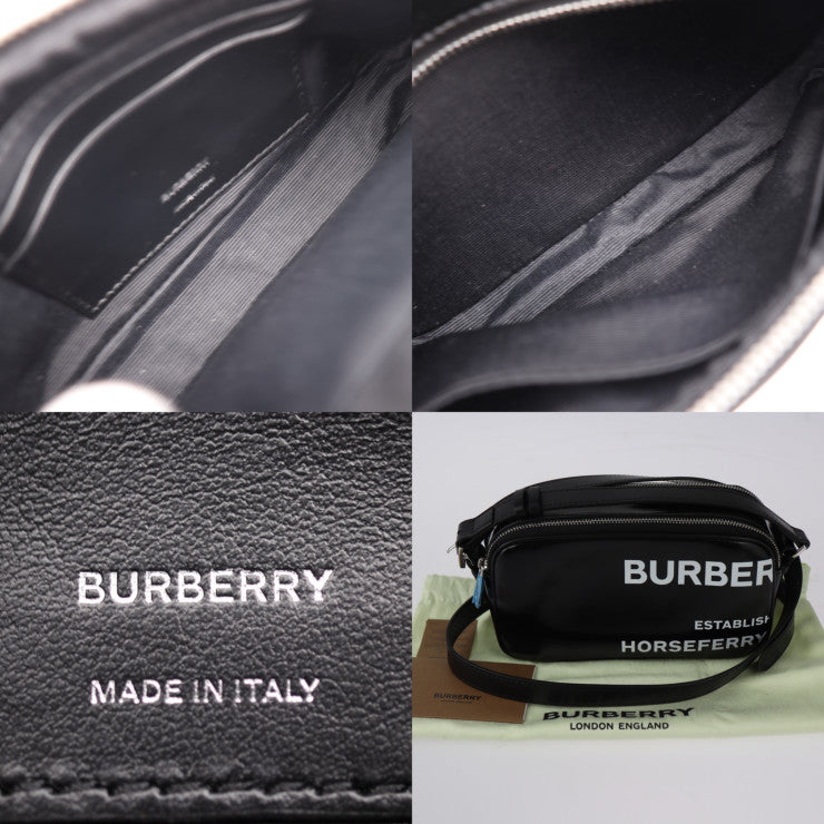 新古未使用展示品 BURBERRY バーバリー カメラ マイクロ ホースフェリー ショルダーバッグ 8022339 コーティングキャンバス レザー ブラック ホワイト シルバー金具 クロスボディ ポシェット ロゴ