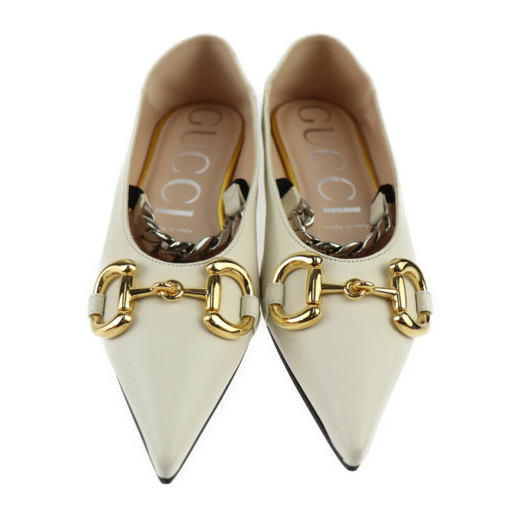 新品未使用展示品 GUCCI グッチ ホースビット パンプス 621161 表記サイズ 35 1/2 レザー アイボリー ゴールド シルバー 参考サイズ22.5cm チェーン フラットシューズ