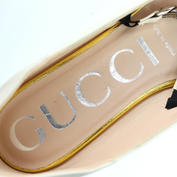 新品未使用展示品 GUCCI グッチ ホースビット パンプス 621161 表記サイズ 35 1/2 レザー アイボリー ゴールド シルバー 参考サイズ22.5cm チェーン フラットシューズ
