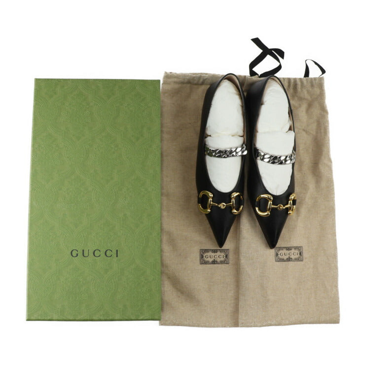 新品未使用展示品 GUCCI グッチ ホースビット パンプス 621161 表記サイズ 34 1/2 レザー ブラック ゴールド シルバー 参考サイズ21.5cm フラットシューズ