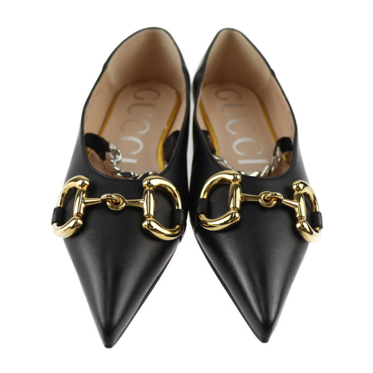 新品未使用展示品 GUCCI グッチ ホースビット パンプス 621161 表記サイズ 34 1/2 レザー ブラック ゴールド シルバー 参考サイズ21.5cm フラットシューズ