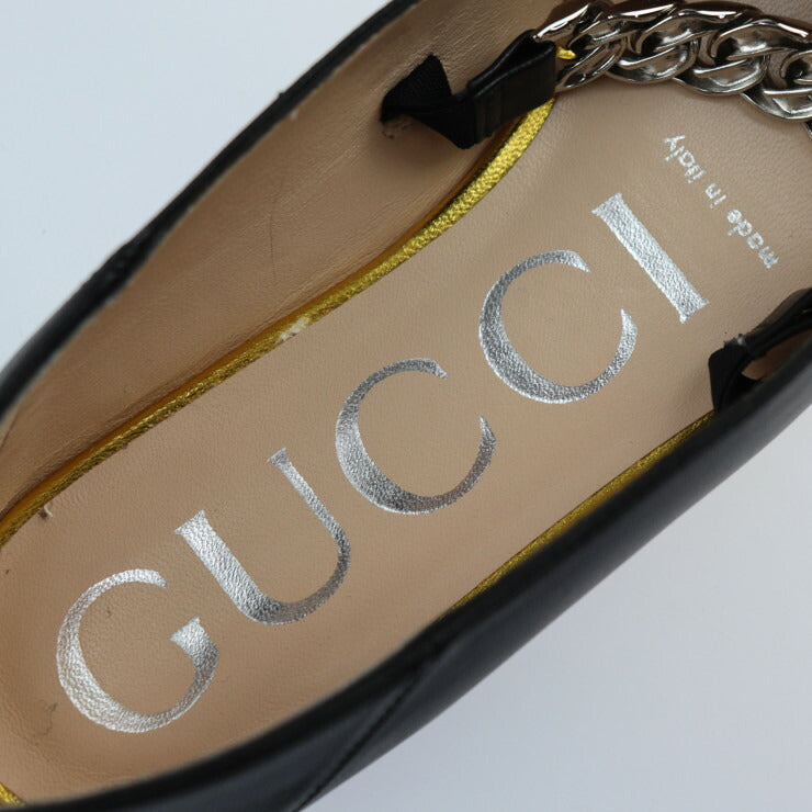 新品未使用展示品 GUCCI グッチ ホースビット パンプス 621161 表記サイズ 34 1/2 レザー ブラック ゴールド シルバー 参考サイズ21.5cm フラットシューズ