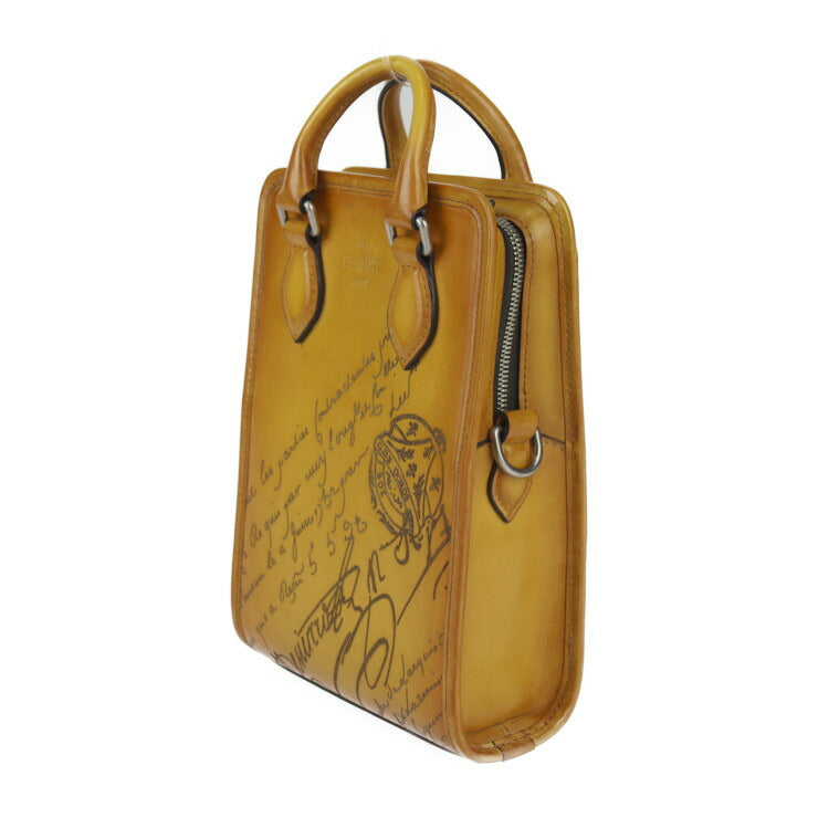 超美品 Berluti ベルルッティ PREMIER_JOUR_GULLIVER-V2 プルミエジュール ガリバー ハンドバッグ - ヴェネチアレザー イエローブラウン系 シルバー金具 2WAY ショルダーバッグ スクリット カリグラフィ