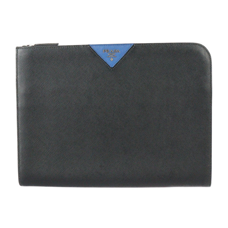 PRADA プラダ ドキュメントケース SAFFIANO TRAVEL サフィアーノトラベル セカンドバッグ 2VN003 レザー ブラック ブルー シルバー金具 L字ファスナー クラッチバッグ ポーチ