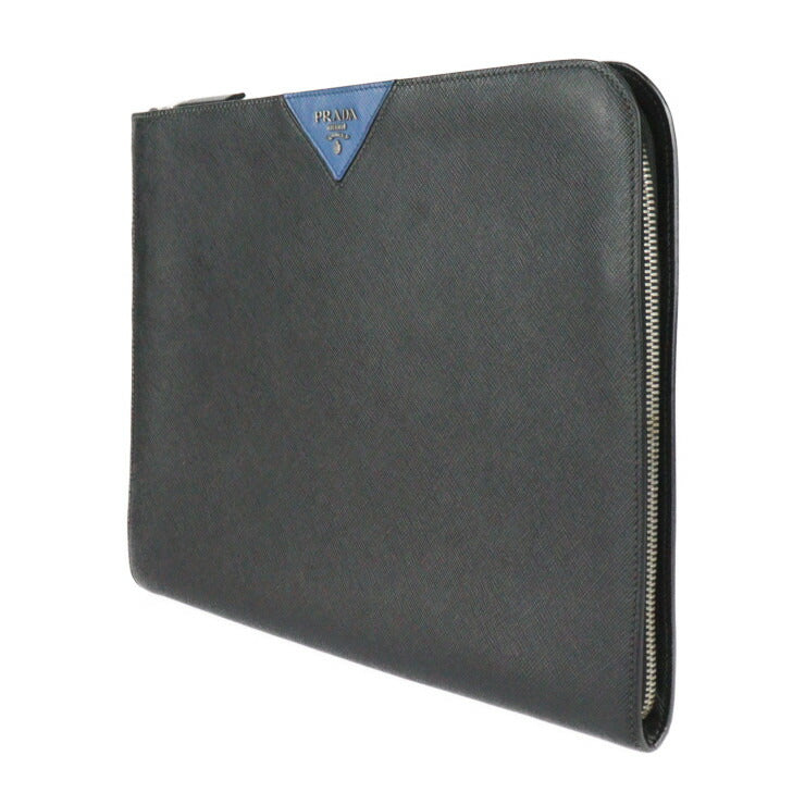 PRADA プラダ ドキュメントケース SAFFIANO TRAVEL サフィアーノトラベル セカンドバッグ 2VN003 レザー ブラック ブルー シルバー金具 L字ファスナー クラッチバッグ ポーチ