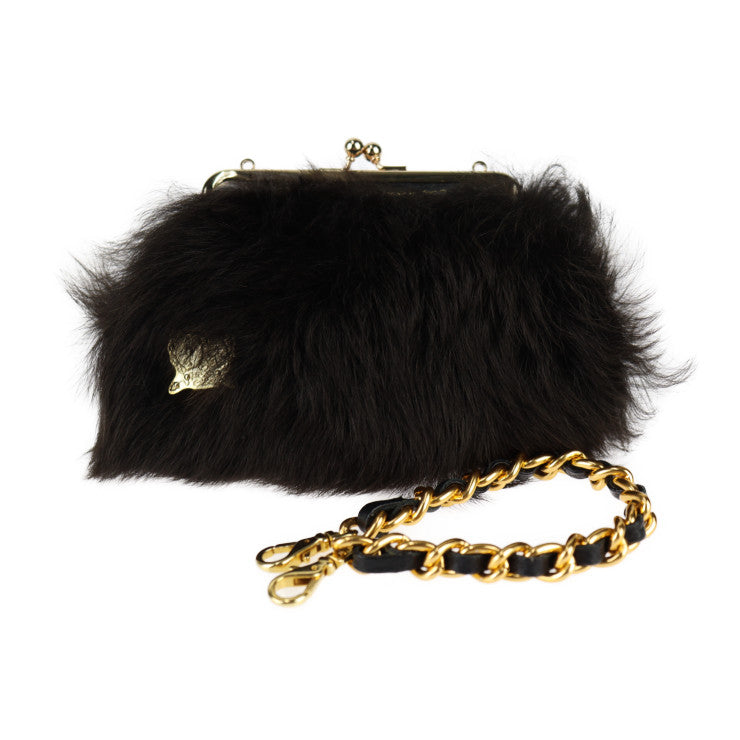 超美品 ADMJ エーディーエムジェイ ミニバッグ ハンドバッグ 11AW06008 レザー ファー ダークブラウン ゴールド金具 2WAY クラッチバッグ がま口