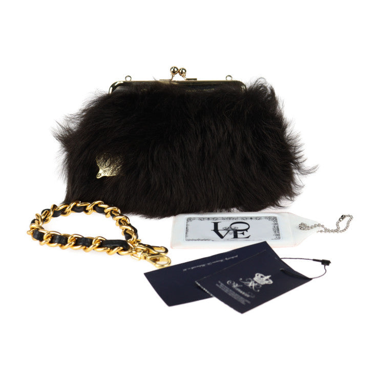 超美品 ADMJ エーディーエムジェイ ミニバッグ ハンドバッグ 11AW06008 レザー ファー ダークブラウン ゴールド金具 2WAY クラッチバッグ がま口