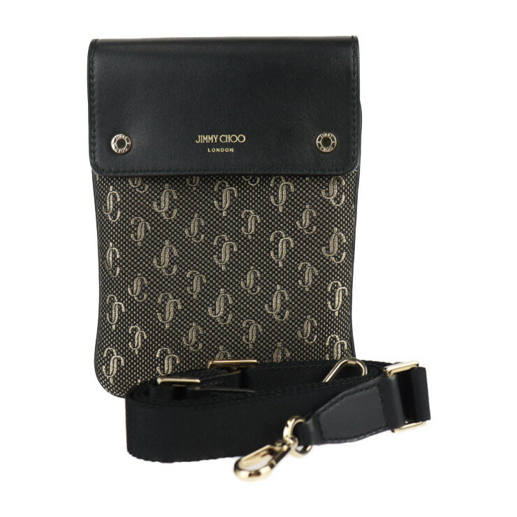 超美品 JIMMY CHOO ジミーチュウ KIMI メッセンジャー ショルダーバッグ - キャンバス レザー ブラック ゴールド ポシェット ポーチ サコッシュ