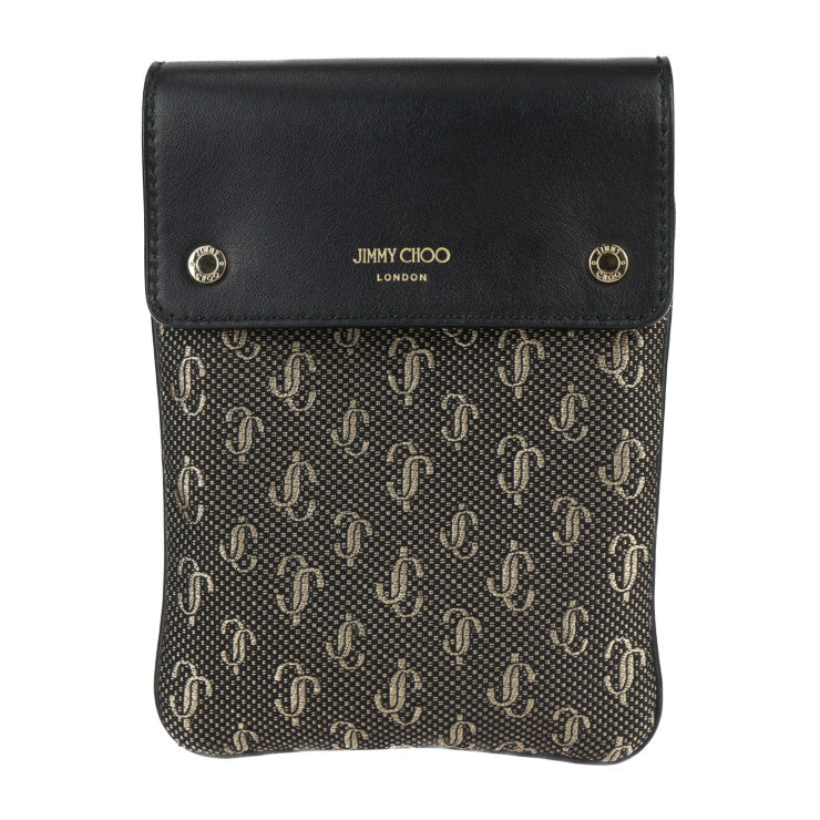 超美品 JIMMY CHOO ジミーチュウ KIMI メッセンジャー ショルダーバッグ - キャンバス レザー ブラック ゴールド ポシェット ポーチ サコッシュ
