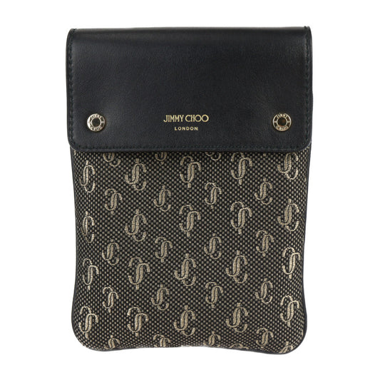 超美品 JIMMY CHOO ジミーチュウ KIMI メッセンジャー ショルダーバッグ - キャンバス レザー ブラック ゴールド ポシェット ポーチ サコッシュ