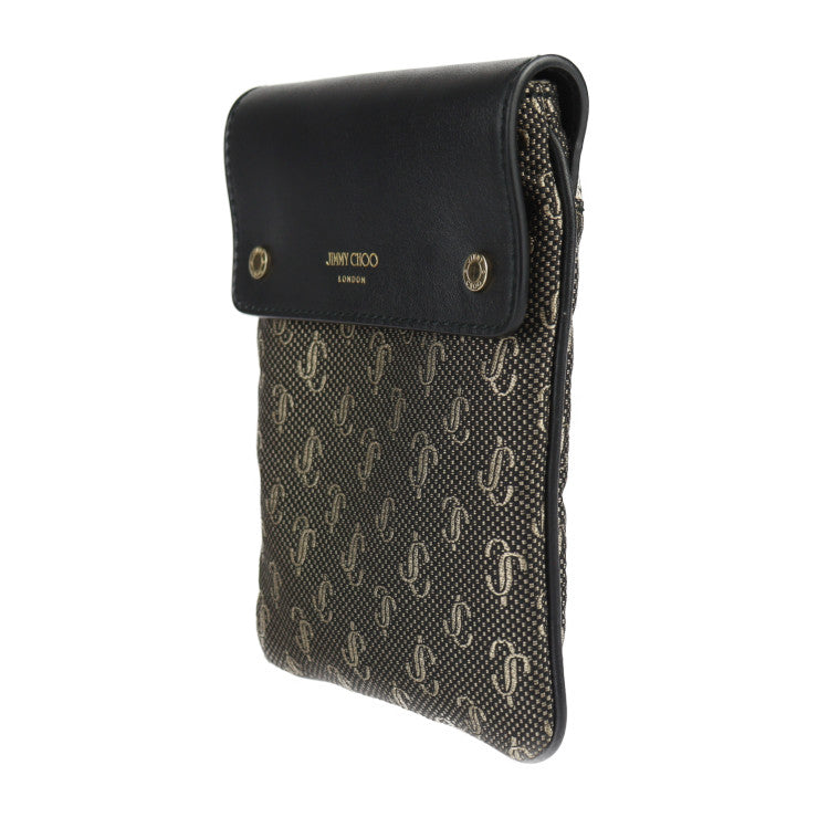 超美品 JIMMY CHOO ジミーチュウ KIMI メッセンジャー ショルダーバッグ - キャンバス レザー ブラック ゴールド ポシェット ポーチ サコッシュ