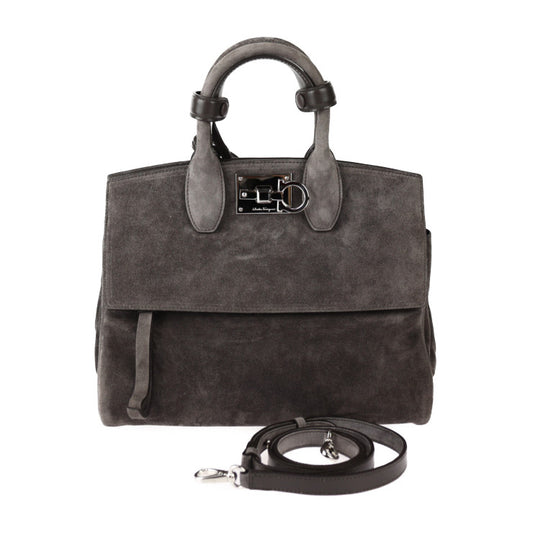 超美品 Salvatore Ferragamo サルヴァトーレ フェラガモ スタジオ スモール バッグ ガンチーニ ハンドバッグ 21 H796 スウェード グレー系 シルバー金具 2WAY ショルダーバッグ スエード