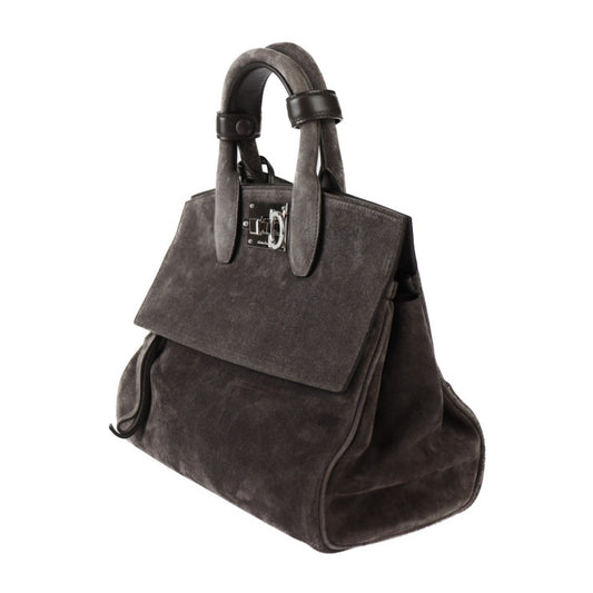 超美品 Salvatore Ferragamo サルヴァトーレ フェラガモ スタジオ スモール バッグ ガンチーニ ハンドバッグ 21 H796 スウェード グレー系 シルバー金具 2WAY ショルダーバッグ スエード