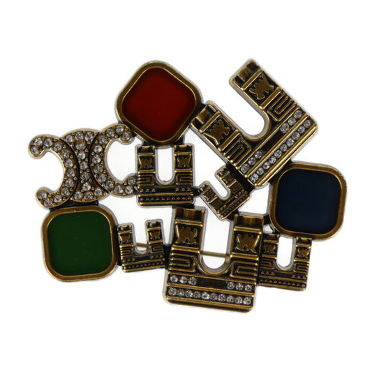 Beautiful CELINE pin brooch - metal rhinestone gold red green blue Arc de Triomphe motif vintage