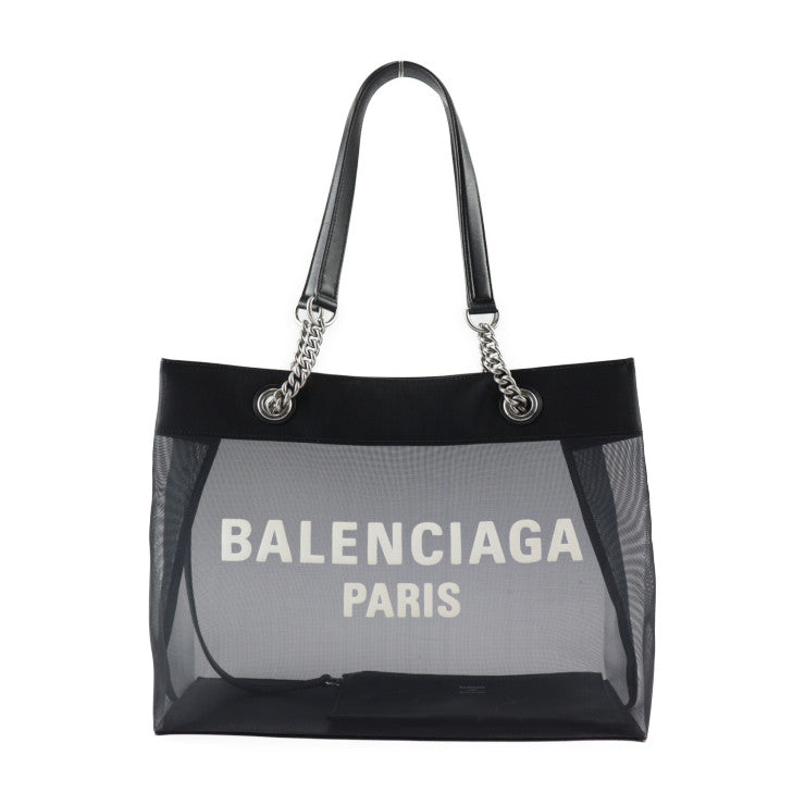 美品 BALENCIAGA バレンシアガ デューティーフリー トートバッグ 741602 メッシュ×レザー ブラック シルバー金具 ショルダーバッグ ロゴ ポーチ付き チェーン