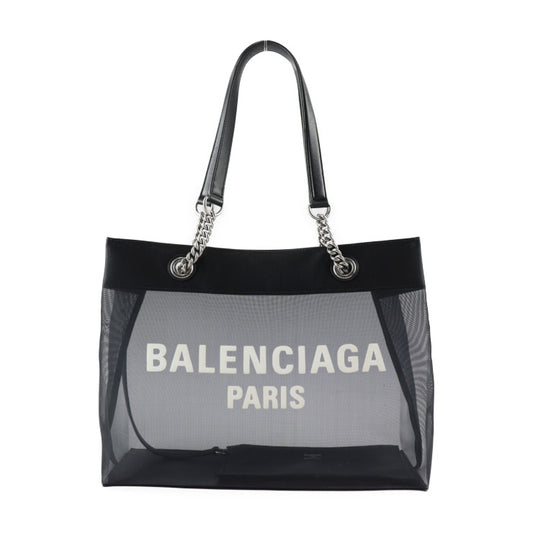 美品 BALENCIAGA バレンシアガ デューティーフリー トートバッグ 741602 メッシュ×レザー ブラック シルバー金具 ショルダーバッグ ロゴ ポーチ付き チェーン