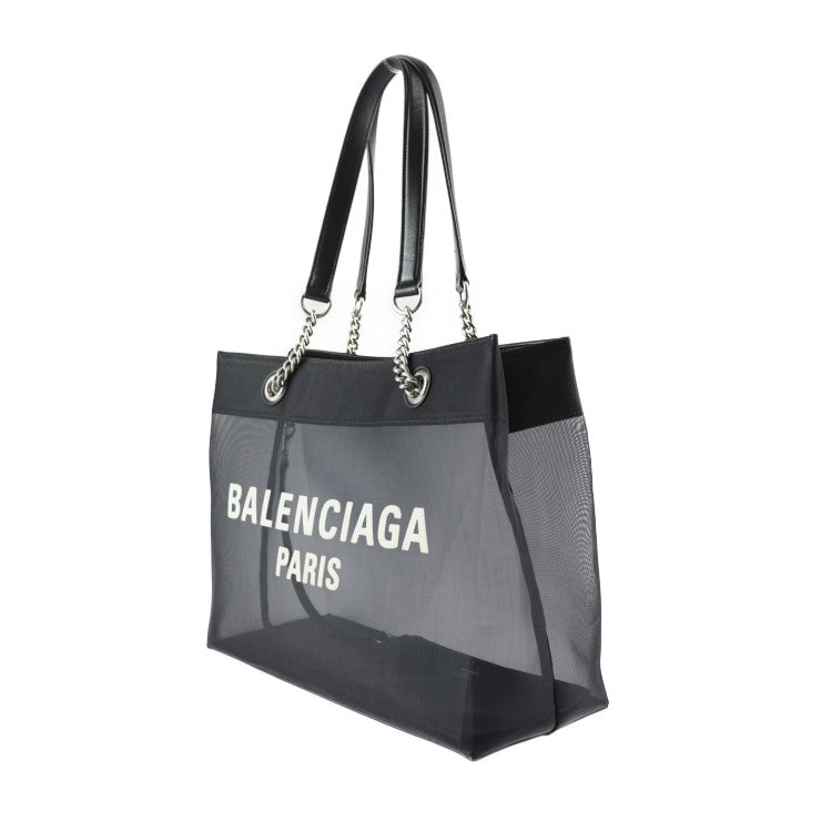 美品 BALENCIAGA バレンシアガ デューティーフリー トートバッグ 741602 メッシュ×レザー ブラック シルバー金具 ショルダーバッグ ロゴ ポーチ付き チェーン
