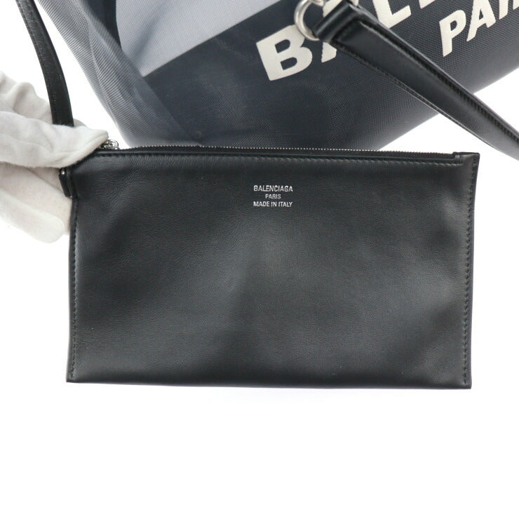美品 BALENCIAGA バレンシアガ デューティーフリー トートバッグ 741602 メッシュ×レザー ブラック シルバー金具 ショルダーバッグ ロゴ ポーチ付き チェーン