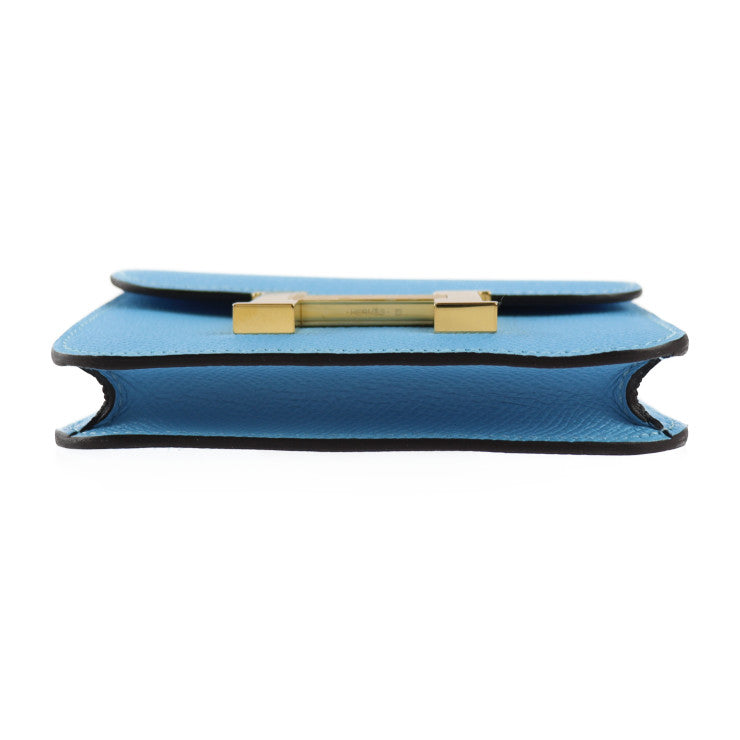 新品未使用展示品 HERMES エルメス コンスタンス スリム ポーチ - ヴォーエプソン セレスト ブルー系 ゴールド金具 コンパクト 財布 コインケース付き B刻印