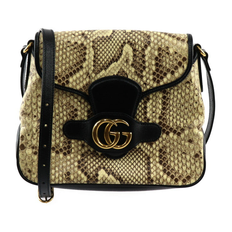 超美品 GUCCI グッチ GGマーモント ショルダーバッグ 648934 パイソン レザー ベージュ ブラック ダブルG ゴールド金具
